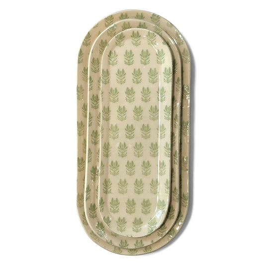 Handmade Set of Trays | Sage Green Block Print