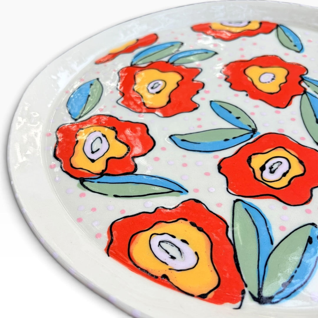 Handmade Round Ceramic Platter - Whimsical Poppy