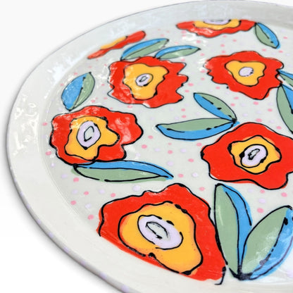 Handmade Round Ceramic Platter - Whimsical Poppy