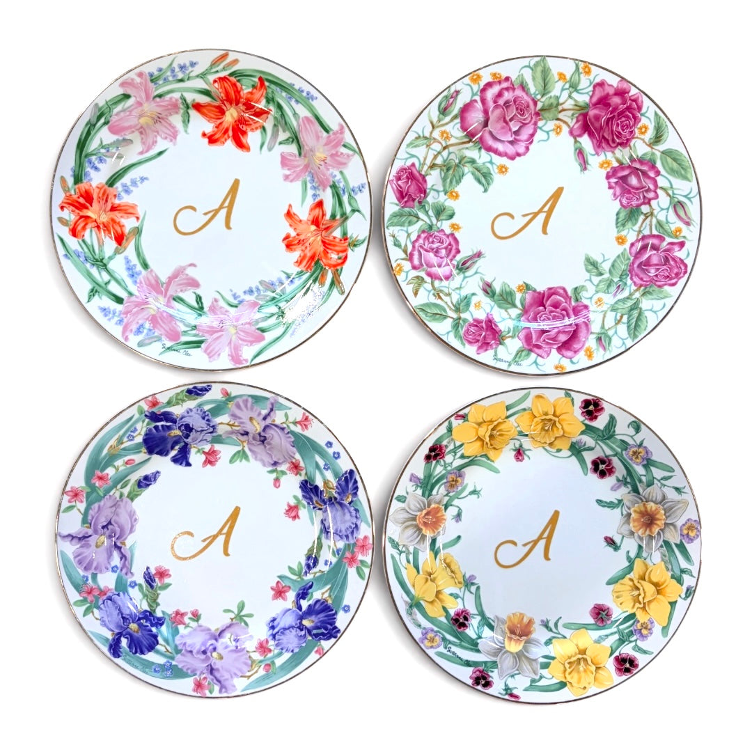 Vintage Ceramic Dessert Plate Set — Floral Wreath (4-Piece)
