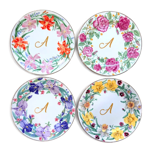Vintage Ceramic Dessert Plate Set — Floral Wreath (4-Piece)