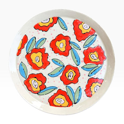 Handmade Round Ceramic Platter - Whimsical Poppy